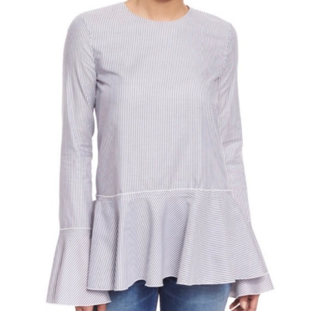 Theory Grey/White Pinstripe Peplum Long Sleeve Top
